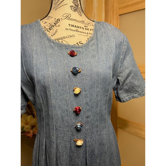 Alexandra Lee Denim Vintage Dress Rosette Embellished Pleated Barn Style - Picture 4 of 10